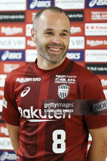 Spanish football player Andres Iniesta attends a Q-and-A session following his first training session after joining Japanese J-League team Vissel...