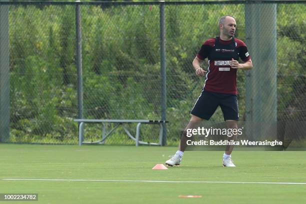 Andres Iniesta of Vissel Kobe in action during the first training session on July 20, 2018 in Kobe, Hyogo, Japan.