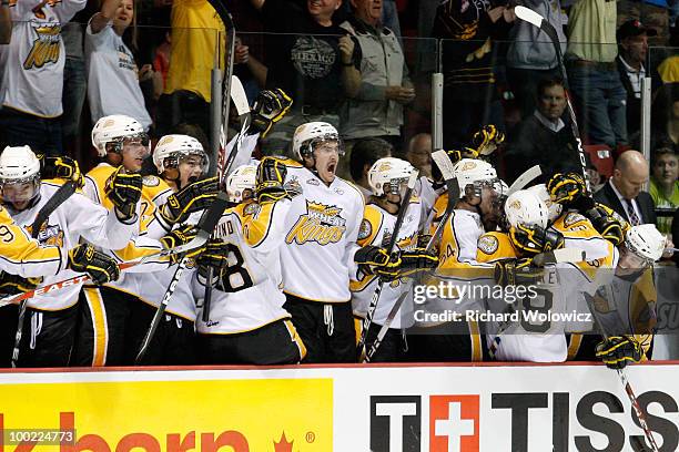 Members of the Brandon Wheat Kings react to a third period goal during the game against the Calgary Hitmen at the 2010 Mastercard Memorial Cup...