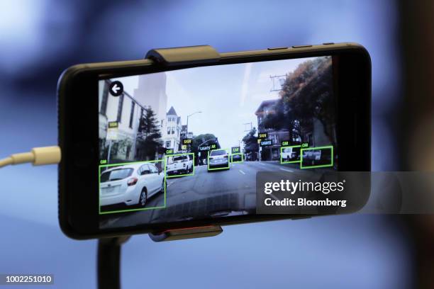 The Mapbox Inc. Vision software development kit is demonstrated on a smartphone at the SoftBank World 2018 event in Tokyo, Japan, on Thursday, July...