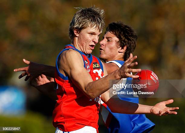 Clay Smith of the Power marks the ball during the round seven TAC Cup match between the Eastern Ranges and the Gippsland Power at Box Hill City Oval...