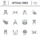 Optical fiber flat line icons. Network connection, computer wire, cable bobbin, data transfer. Thin signs for electronics store, internet services. Editable Strokes