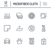Microfiber cloth properties flat line icons. Absorbing material, dust cleaning, washable, antibacterial, clean detergent illustrations. Thin signs for napkin package. Editable Strokes
