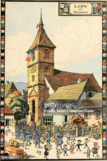 Colorful print showing a small French town, bedecked with French flags, and populated with waving people, and happy children who walk in front of a...