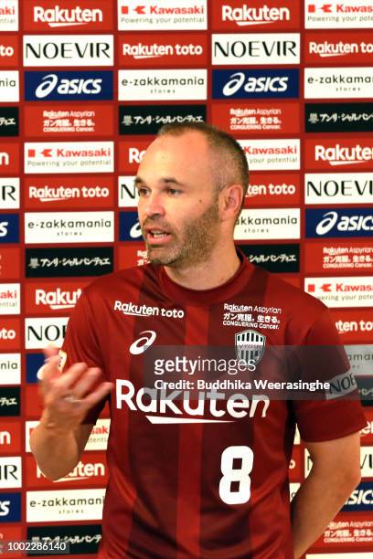 Andres Iniesta of Vissel Kobe speaks to media after his first training session on July 20, 2018 in Kobe, Hyogo, Japan.