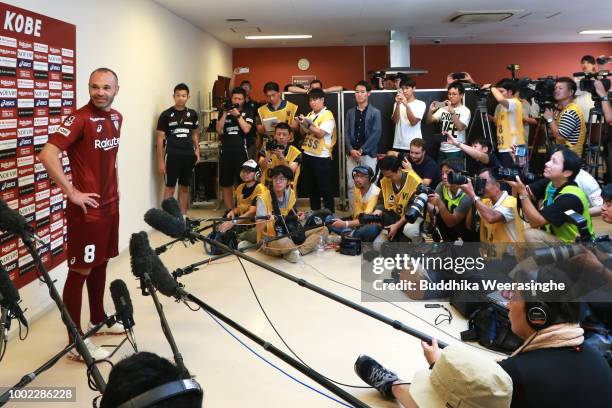 Andres Iniesta of Vissel Kobe speaks to media after his first training session on July 20, 2018 in Kobe, Hyogo, Japan.