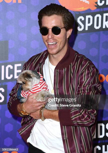 Shaun White arrives at the Nickelodeon Kids' Choice Sports Awards 2018 at Barker Hangar on July 19, 2018 in Santa Monica, California.