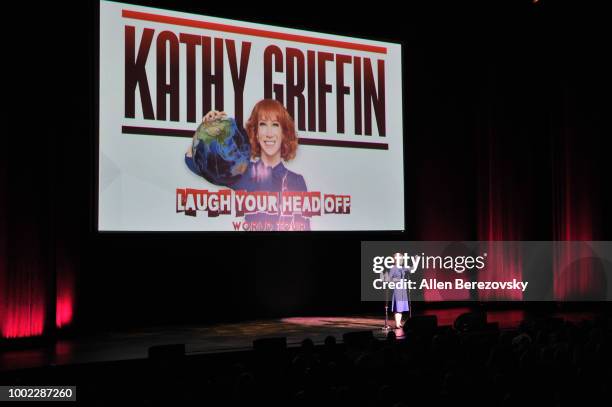 Comedian Kathy Griffin performs during her "Laugh Your Head Off" Tour at Dolby Theatre on July 19, 2018 in Hollywood, California.