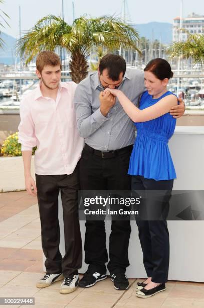 Actor Rudolf Frecska, director Kornel Mundruczo and actress Kitty Csikos attend the "Tender Son - The Frankenstein Project" photocall at the Palais...