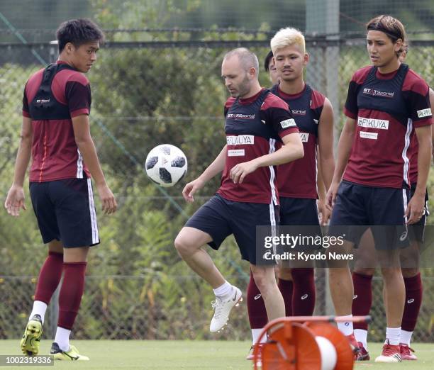 Andres Iniesta takes part in his first training session with J-League team Vissel Kobe in Kobe, western Japan, on July 20, 2018. He arrived in Japan...