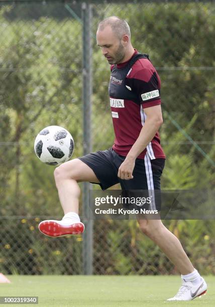 Andres Iniesta takes part in his first training session with J-League team Vissel Kobe in Kobe, western Japan, on July 20, 2018. He arrived in Japan...