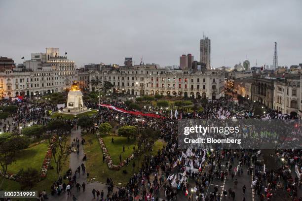 Demonstrators gather at Plaza San Martin during a protest demanding judicial reforms and accountability for corrupt judges in Lima, Peru, on...
