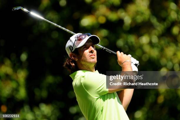 Thomas Aiken of South Africa tees off on the 2nd hole during the third round of the BMW PGA Championship on the West Course at Wentworth on May 22,...