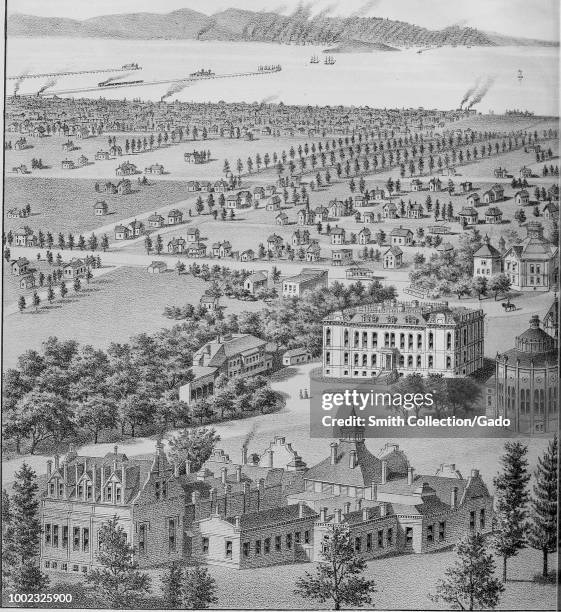 Black and white print depicting an early image of the grounds and buildings of the California State University, looking west toward the city of San...
