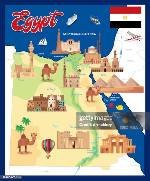 stockillustraties, clipart, cartoons en iconen met cartoon kaart van egypte - hurghada