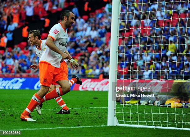 Brett Ormerod and Charlie Adams of Blackpool celebrate their team's third goal during the Coca Cola Championship Playoff Final between Blackpool and...