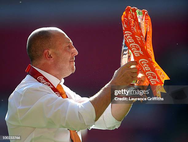 Blackpool manager, Ian Holloway celebrates promotion to the Premier League during the Coca-Cola Championship Playoff Final between Blackpool and...