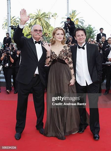 Nikita Mikhalkov, actress Nadezhda Mihalkova and actor Oleg Menshikov attend the "The Exodus - Burnt By The Sun" Premiere at the Palais des Festivals...