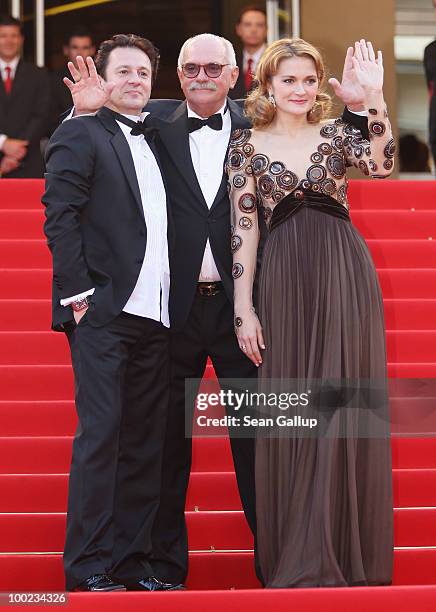 Actor Oleg Menshikov, actress Nadezhda Mihalkova and Director Nikita Mikhalkov and attend the "The Exodus - Burnt By The Sun" Premiere at the Palais...