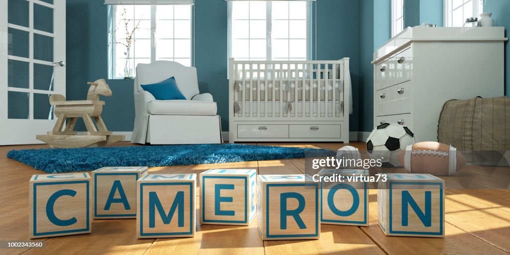 The name cameron written with wooden toy cubes in children's room