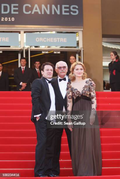 Actor Oleg Menshikov , actress Nadezhda Mihalkova and Director Nikita Mikhalkov attend the "The Exodus - Burnt By The Sun" Premiere at the Palais des...