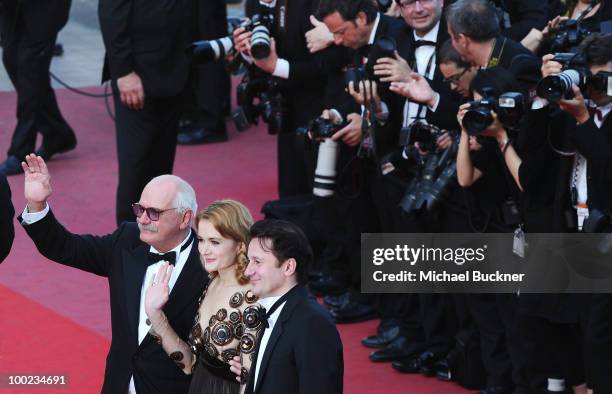 Director Nikita Mikhalkov, actress Nadezhda Mihalkova and actor Oleg Menshikov attend the "The Exodus - Burnt By The Sun" Premiere at the Palais des...