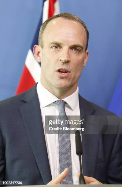 Dominic Raab, U.K. Exiting the European Union secretary, delivers a statement ahead of the resumption of Brexit talks at the Berlaymont building in...