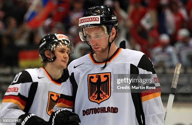 Marcel Goc of Germany looks dejected after losing the IIHF World Championship semifinal match between Russia and Germany at Lanxess Arena on May 22,...