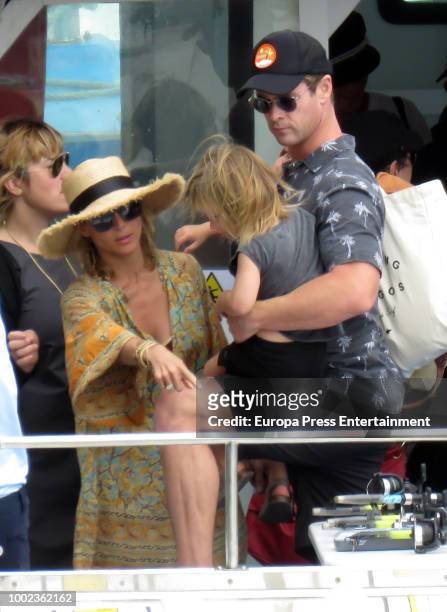 Chris Hemsworth, Elsa Pataky and their son are seen on July 19, 2018 in San Sebastian, Spain.