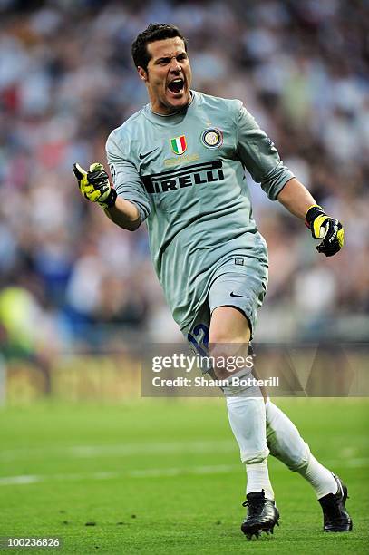 Goalkeeper Julio Cesar of Inter Milan celebrates after his team mate Diego Milito scored the opening goal during the UEFA Champions League Final...