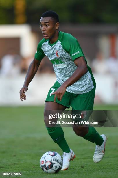 Maurice Malone of Augsburg plays the ball during the pre-season friendly match between SC Olching and FC Augsburg on July 19, 2018 in Olching,...