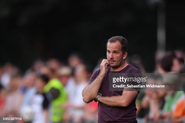 Head coach Manuel Baum of Augsburg looks on during the pre-season friendly match between SC Olching and FC Augsburg on July 19, 2018 in Olching,...