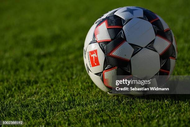 The official DFL Bundesliga Ball - Derbystar - is seen during the pre-season friendly match between SC Olching and FC Augsburg on July 19, 2018 in...