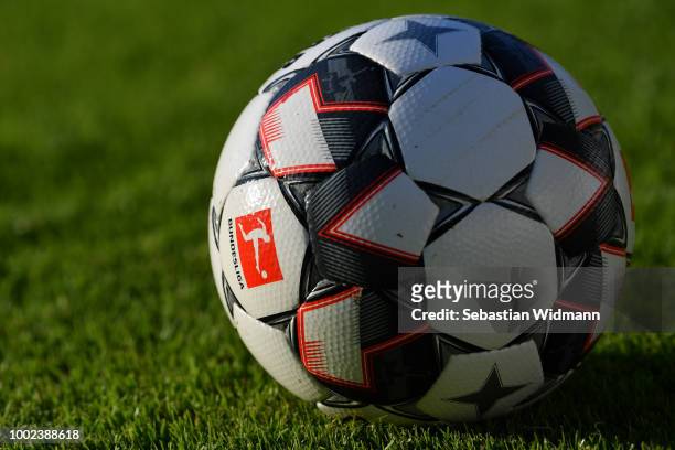 The official DFL Bundesliga Ball - Derbystar - is seen during the pre-season friendly match between SC Olching and FC Augsburg on July 19, 2018 in...