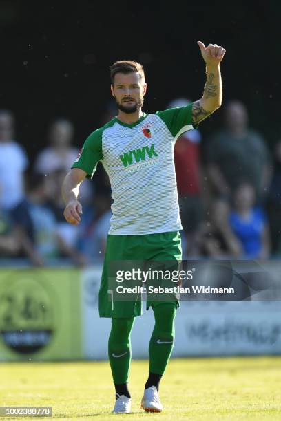 Marcel Heller of Augsburg gestures during the pre-season friendly match between SC Olching and FC Augsburg on July 19, 2018 in Olching, Germany.