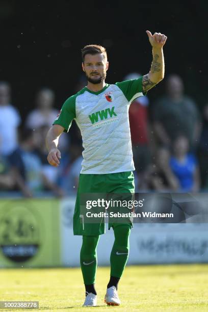 Marcel Heller of Augsburg gestures during the pre-season friendly match between SC Olching and FC Augsburg on July 19, 2018 in Olching, Germany.