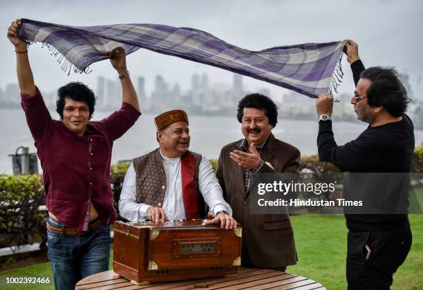 Flute maestro Rakesh Chaurasia with ghazal singers Anup Jalota, Pankaj Udhas and Talat Aziz at the announcement of 17th Khazana - A Festival of...