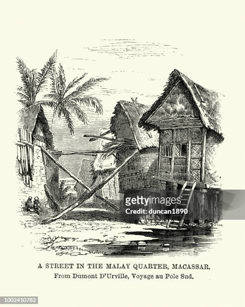 street in the malay quarter, makassar, indonesia 19th century - makassar stock illustrations