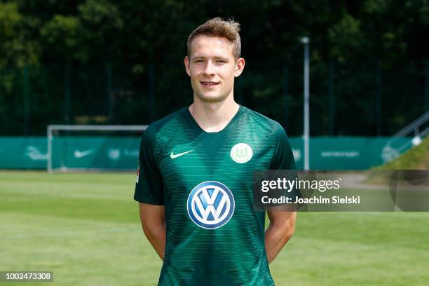 Paul Jaeckel of VfL Wolfsburg poses during the team presentation at VfL Center on July 20, 2018 in Wolfsburg, Germany.