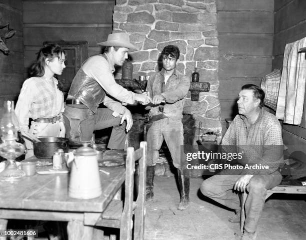 Western television program Johnny Ringo. Episode: The Raffertys. Pictured from left to right, Roxane Berard ; Don Durant ; Richard Bakalyan ; and Lon...