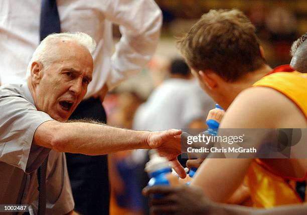 Tigers coach Lindsay Gaze gives instructions in a time out during the NBL match between the West Sydney Razorbacks and the Melbourne Tigers held at...