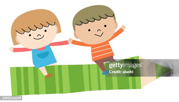 illustrations, cliparts, dessins animés et icônes de retour à l’école : deux enfants garçon et fille de vol avec un gros crayon - humour rentrée scolaire
