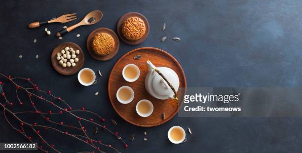 traditional mid autumn festival mooncake afternoon tea. - mooncake stock pictures, royalty-free photos & images