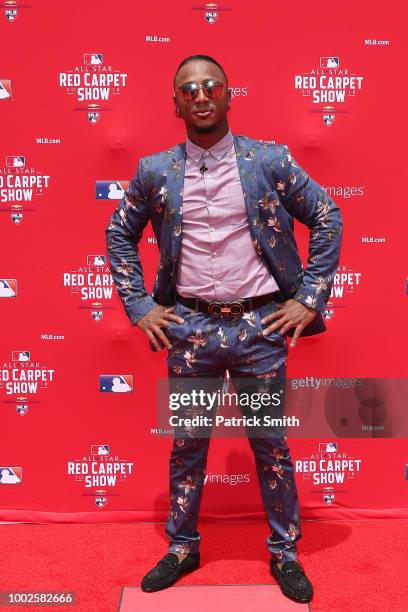 Ozzie Albies of the Atlanta Braves and the National League attends the 89th MLB All-Star Game, presented by MasterCard red carpet at Nationals Park...