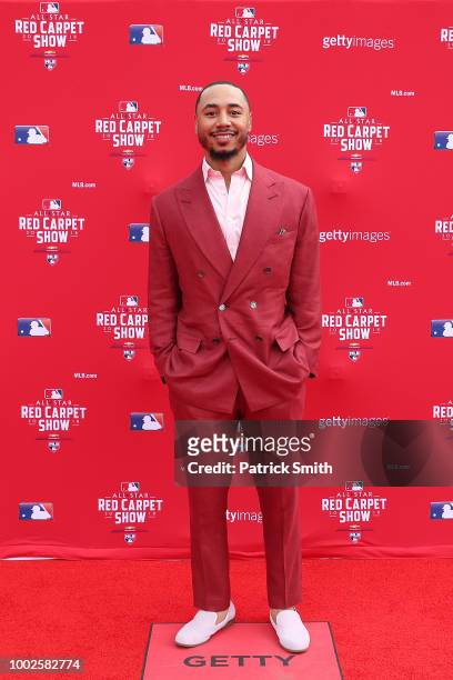 Mookie Betts of the Boston Red Sox and the American League attends the 89th MLB All-Star Game, presented by MasterCard red carpet at Nationals Park...