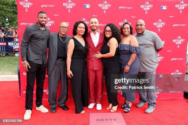 Mookie Betts of the Boston Red Sox and the American League attends the 89th MLB All-Star Game, presented by MasterCard red carpet with guests at...