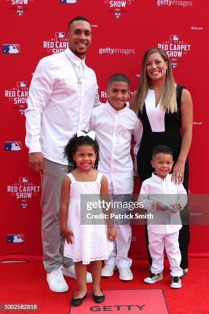Michael Brantley of the Cleveland Indians and the American League and guests attend the 89th MLB All-Star Game, presented by MasterCard red carpet at...