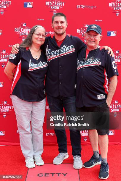 Trevor Bauer of the Cleveland Indians and the American League and guests attend the 89th MLB All-Star Game, presented by MasterCard red carpet at...