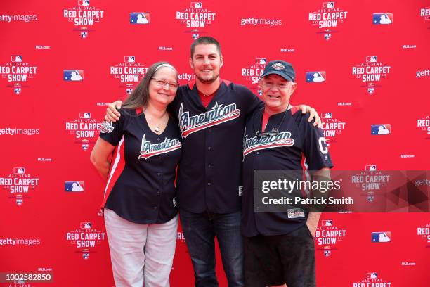 Trevor Bauer of the Cleveland Indians and the American League and guests attend the 89th MLB All-Star Game, presented by MasterCard red carpet at...