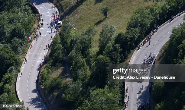 Riders climb up Alpe d'Huez during Stage 12, a 175.5km stage from Bourg-Saint-Maurice Les Arcs to Alpe d'Huez, of the 105th Tour de France 2018, on...